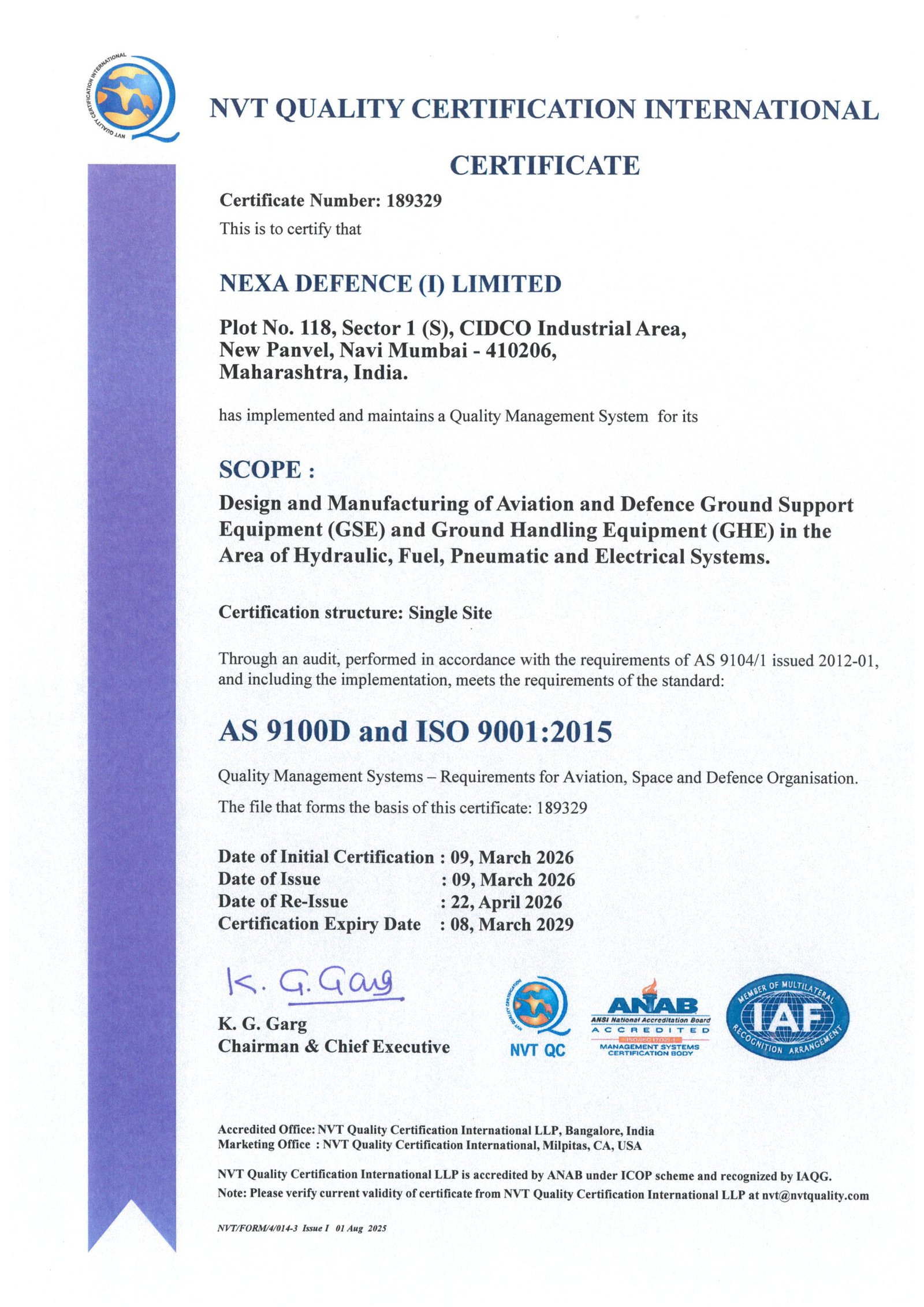 AS 9100D and ISO 9001:2015 Certificate - NEXA DEFENCE (I) Limited